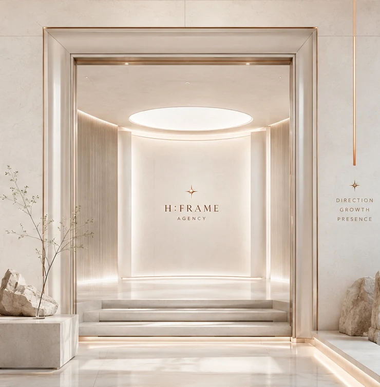 Luminous H:FRAME Agency architectural portal in pearl ivory and warm copper.
