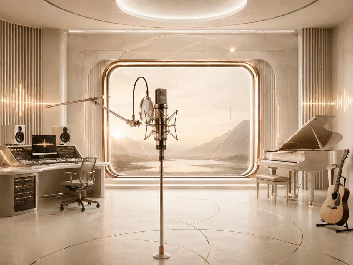 Bright H:FRAME Music production studio with a recording microphone, mixing console, white piano and guitar.
