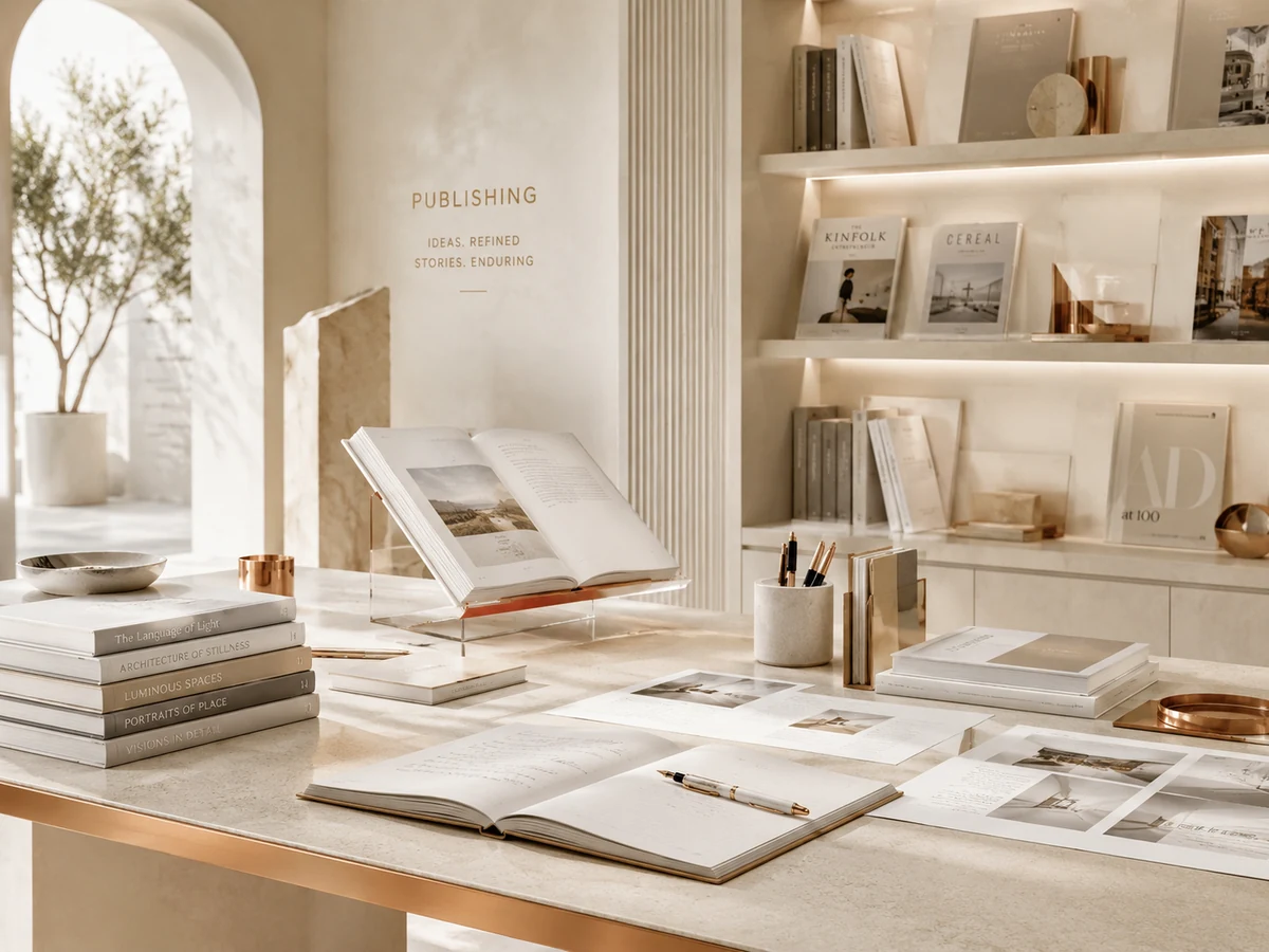 Bright H:FRAME Publishing workspace with open books, manuscripts, notebooks and editorial shelves.