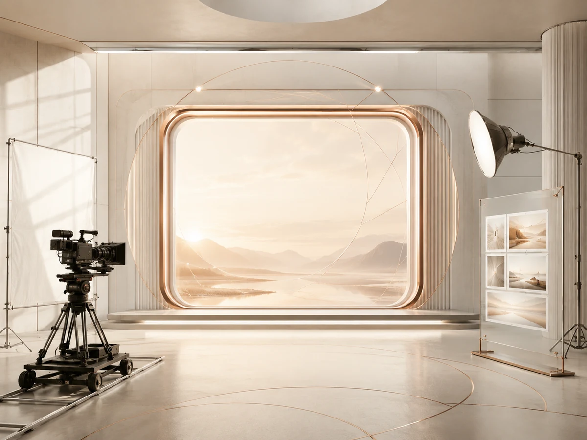 Bright H:FRAME Studios production space with a cinema camera, diffusion screen, studio light and storyboard wall.