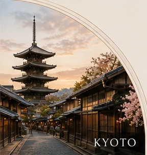 Traditional Kyoto street and pagoda at sunset.