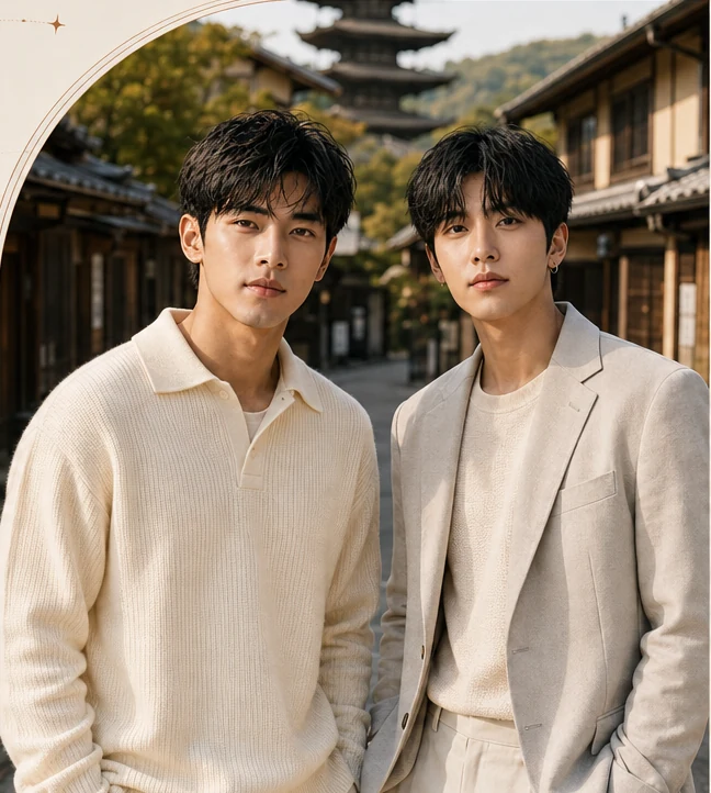 Kang Minjae and Lee Joon-Seok standing together in a traditional Kyoto street.