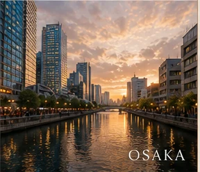 Osaka canal and modern skyline at sunset.