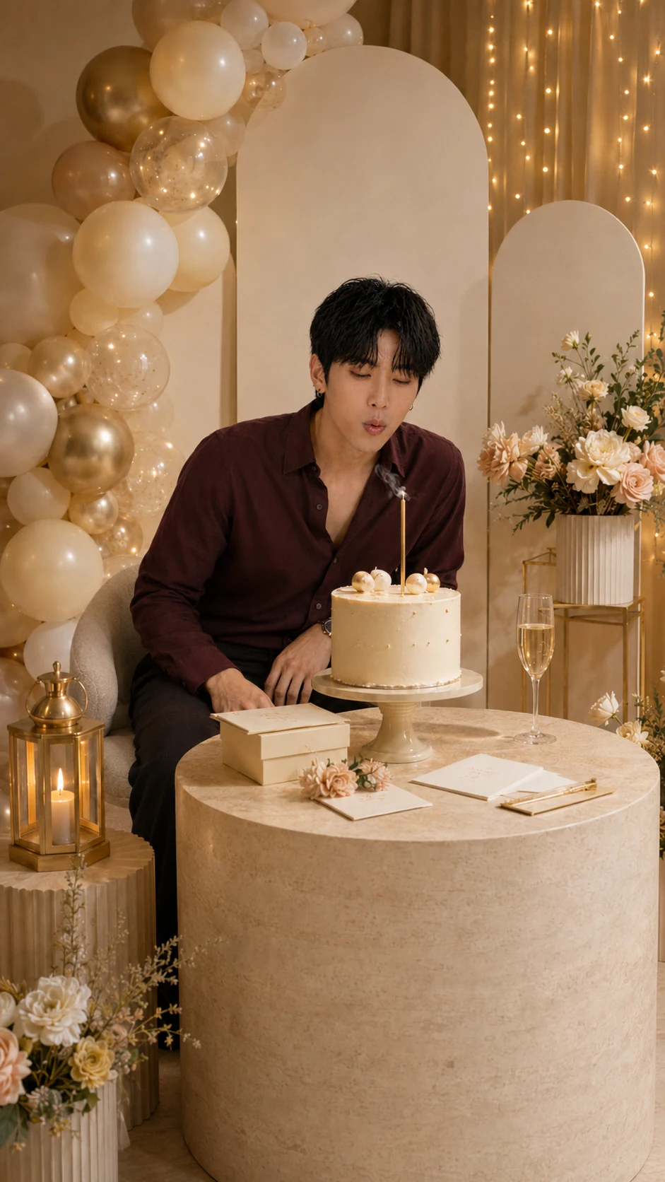 Lee Joon-Seok seated beside an ivory birthday cake in a warm champagne-toned celebration setting.