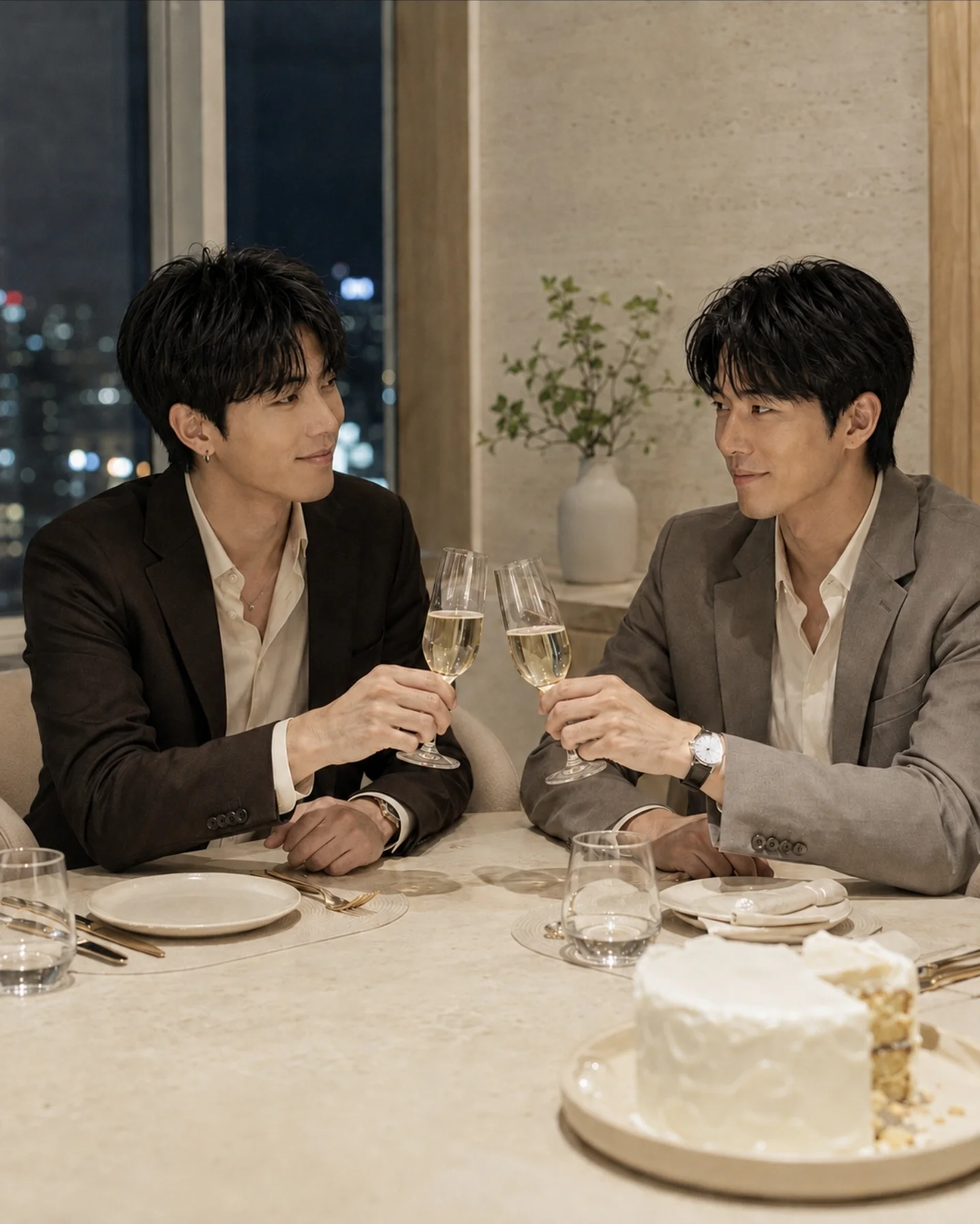 A champagne toast during Lee Joon-Seok's birthday editorial.