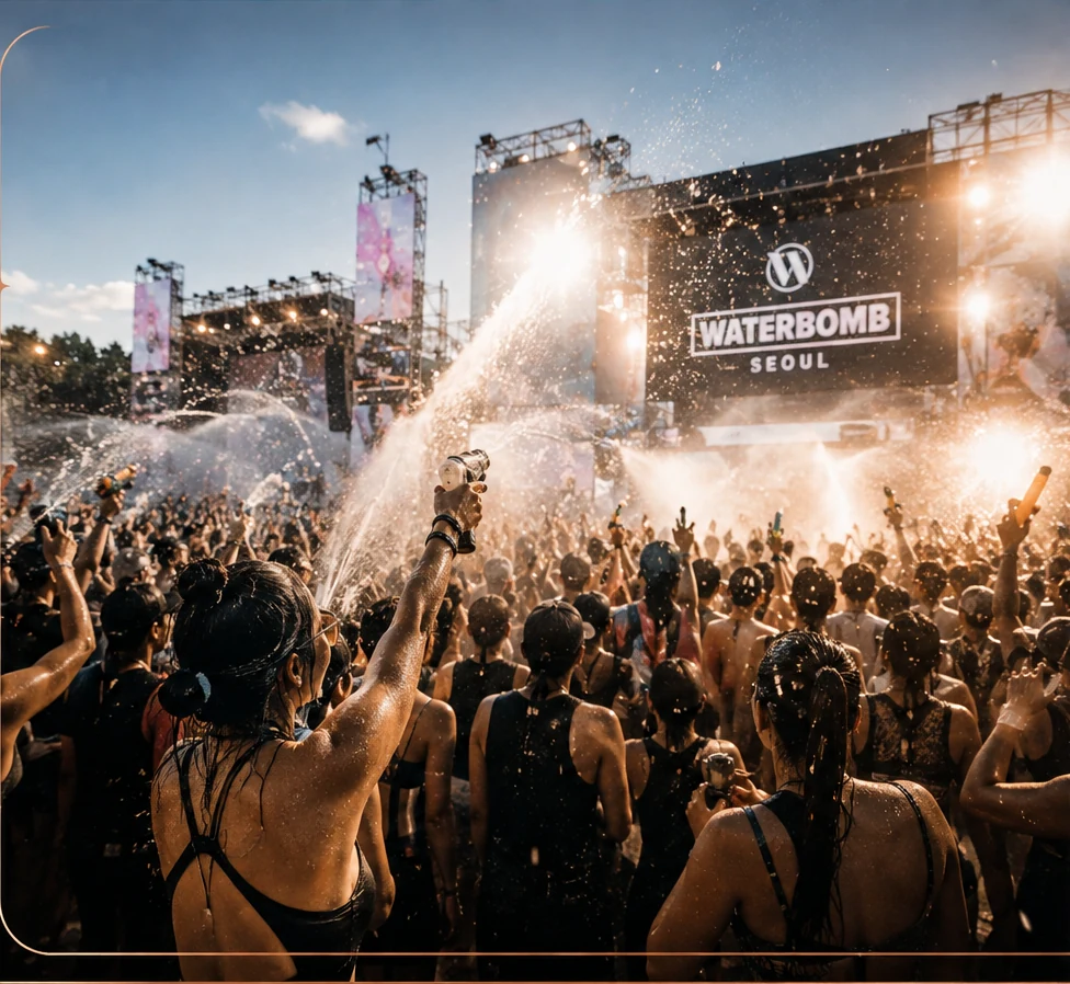 Daytime Waterbomb Seoul crowd surrounded by water spray and summer festival light.