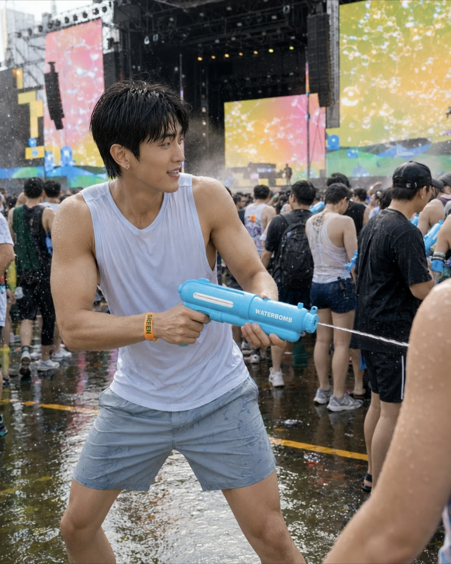 Lee Joon-Seok in a water-gun action moment at Waterbomb.