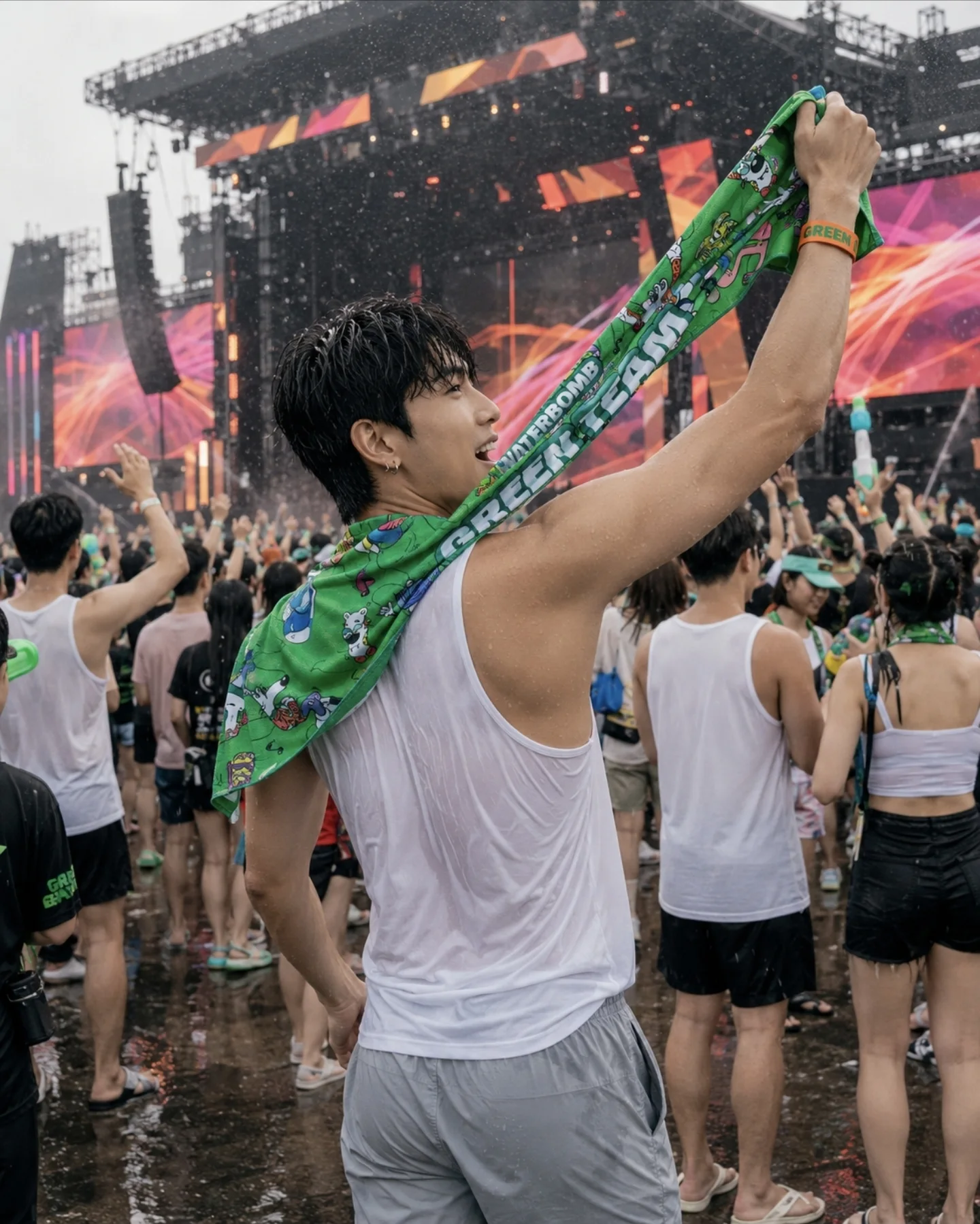 Lee Joon-Seok lifting a green towel in the crowd at Waterbomb.