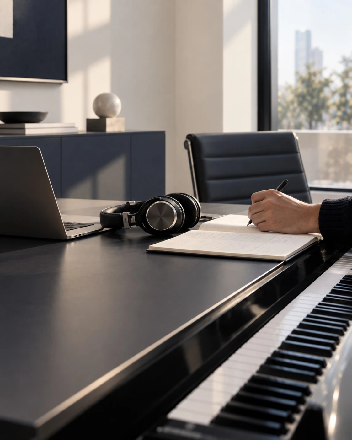 A calm listening room with acoustic treatment, speakers and daylight, prepared as a refined H:FRAME Music environment.