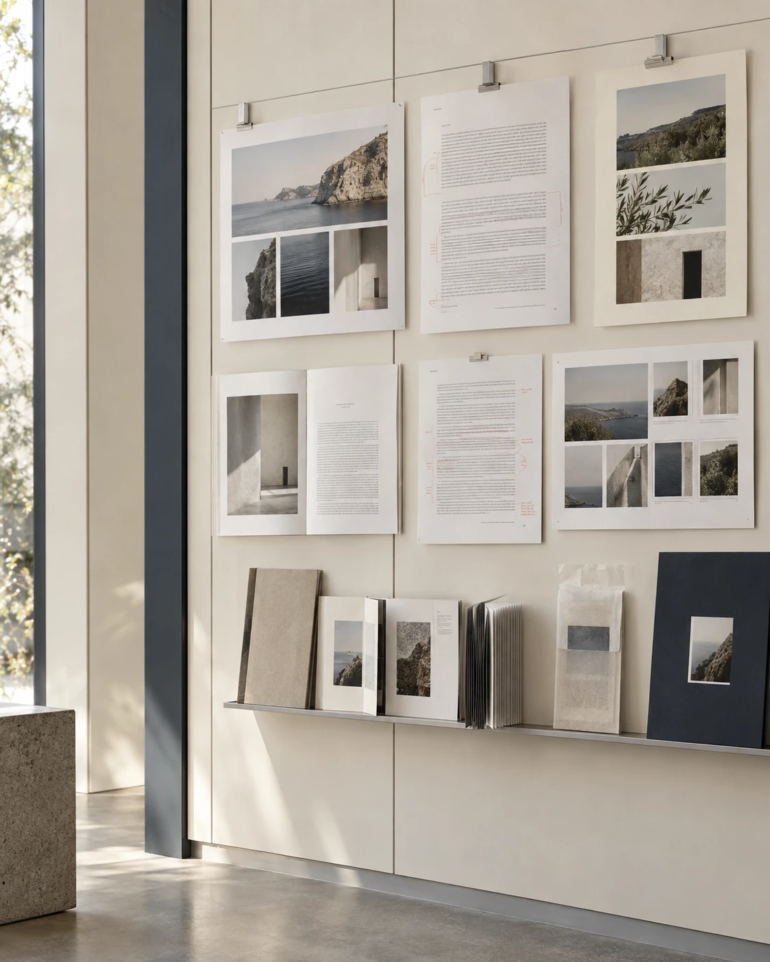 A refined vertical editorial proof wall where image sequences, text proofs and publication structures are being developed in a controlled H:FRAME Publishing environment.