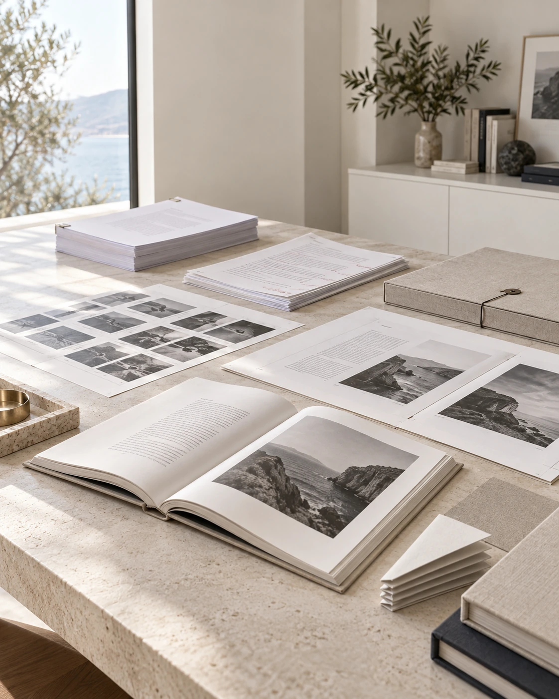 A contemporary editorial development surface showing manuscript pages, proof sets, visual sequencing and a publication prototype in progress.