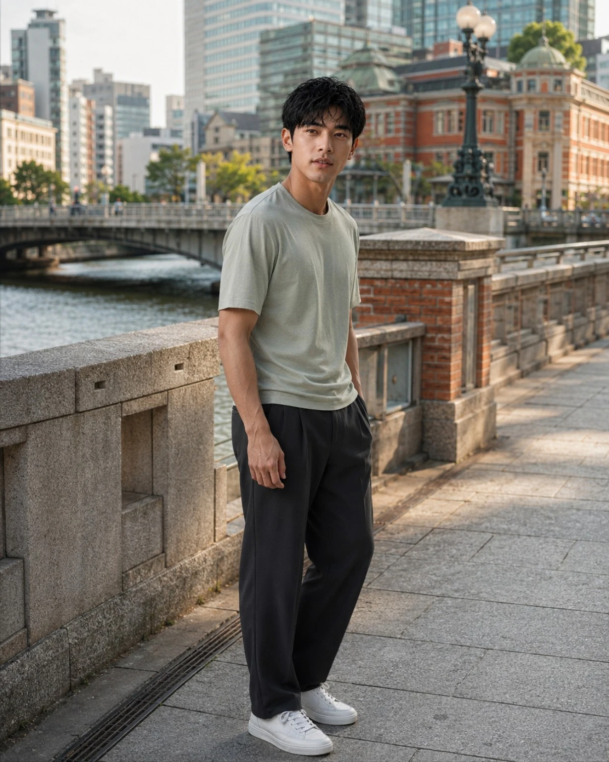 Kang Minjae standing on an Osaka riverside promenade.