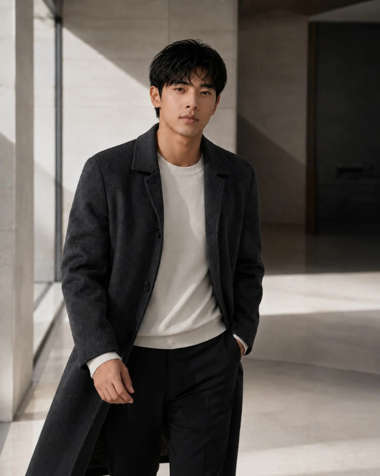 Kang Minjae in a movement-led fashion portrait inside a sunlit architectural foyer.