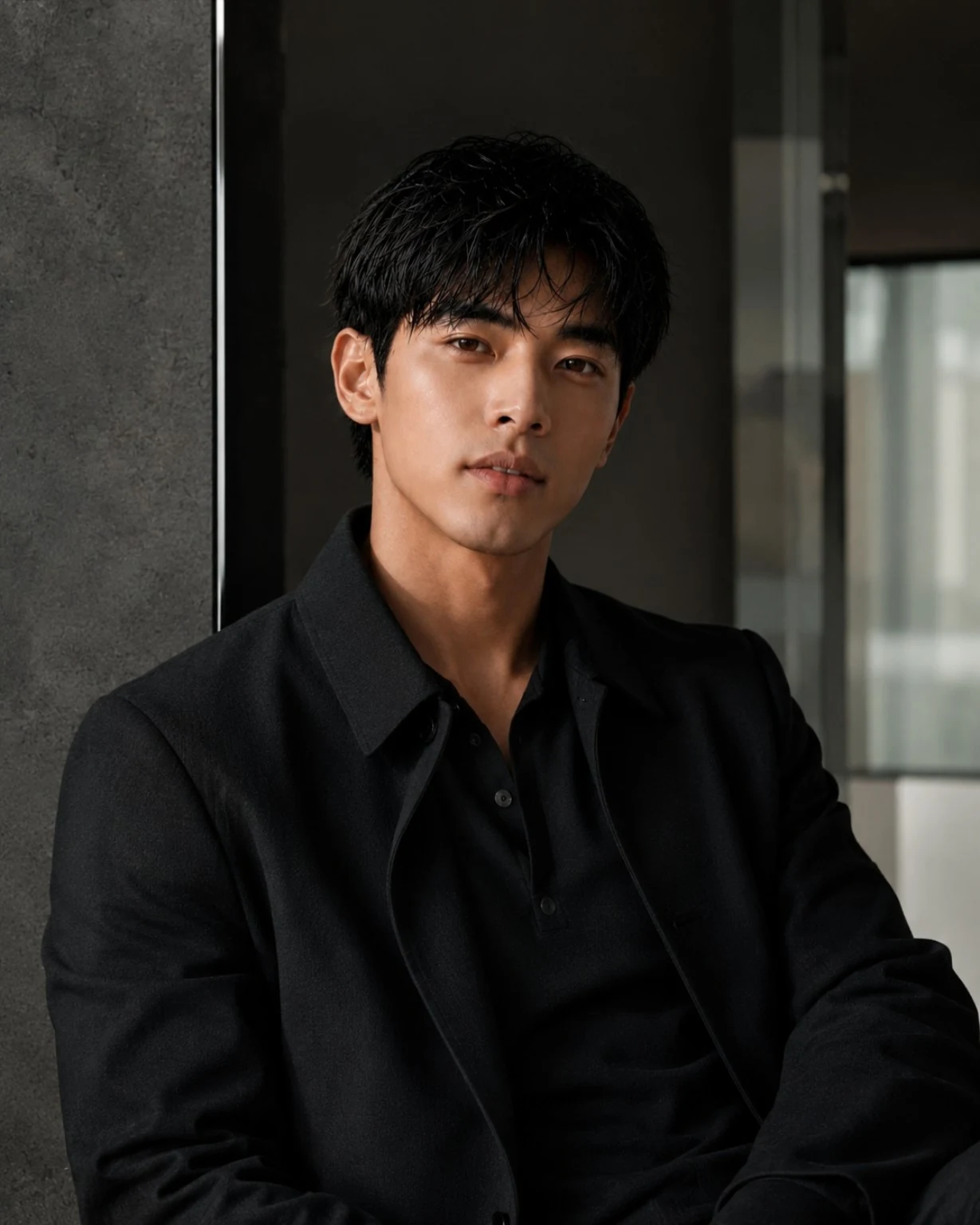 Kang Minjae in a dark tailored layer, framed by directional architectural light.