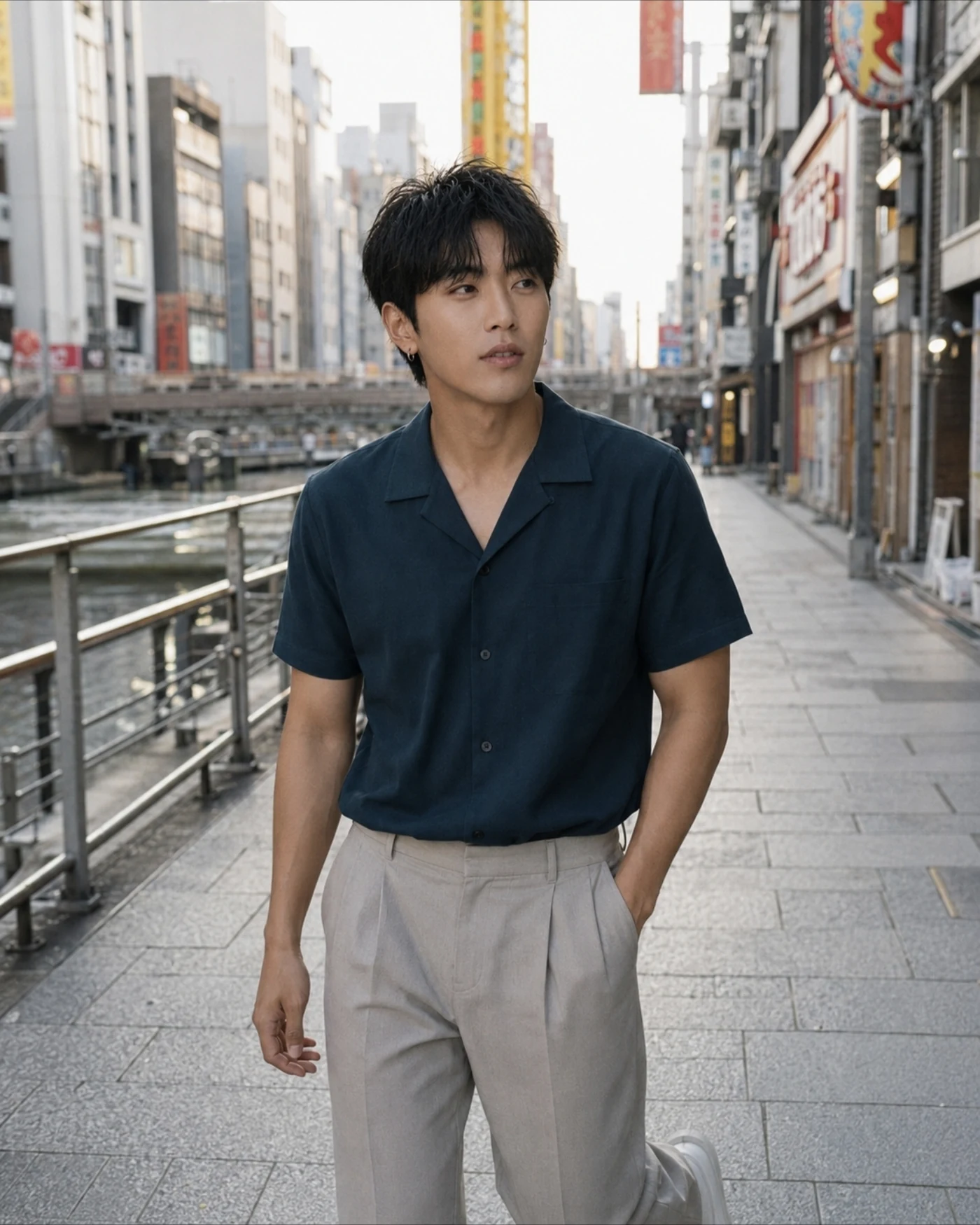 Lee Joon-Seok in a dark navy shirt during an Osaka city walk.