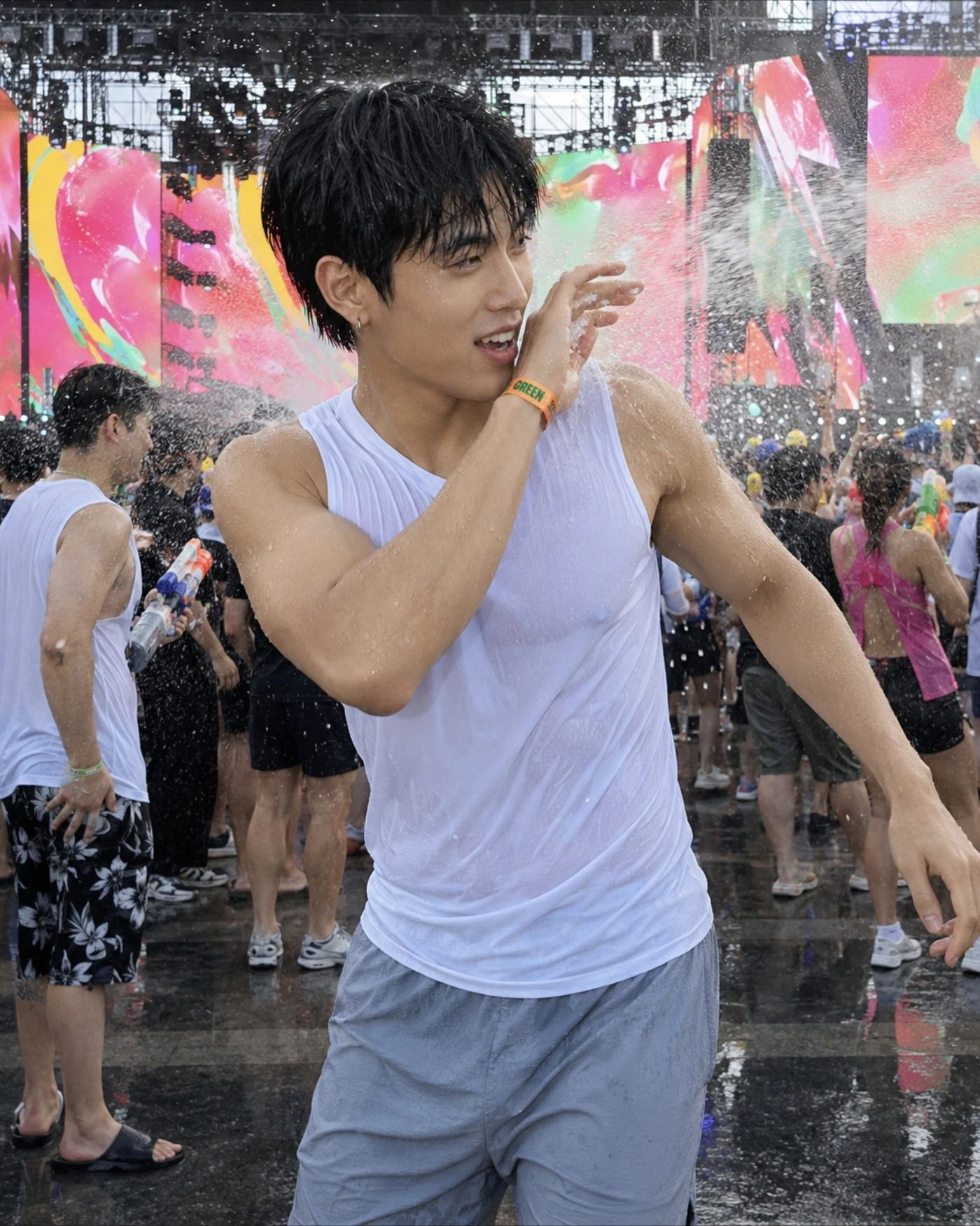 Lee Joon-Seok in a white sleeveless top at WATERBOMB Seoul.