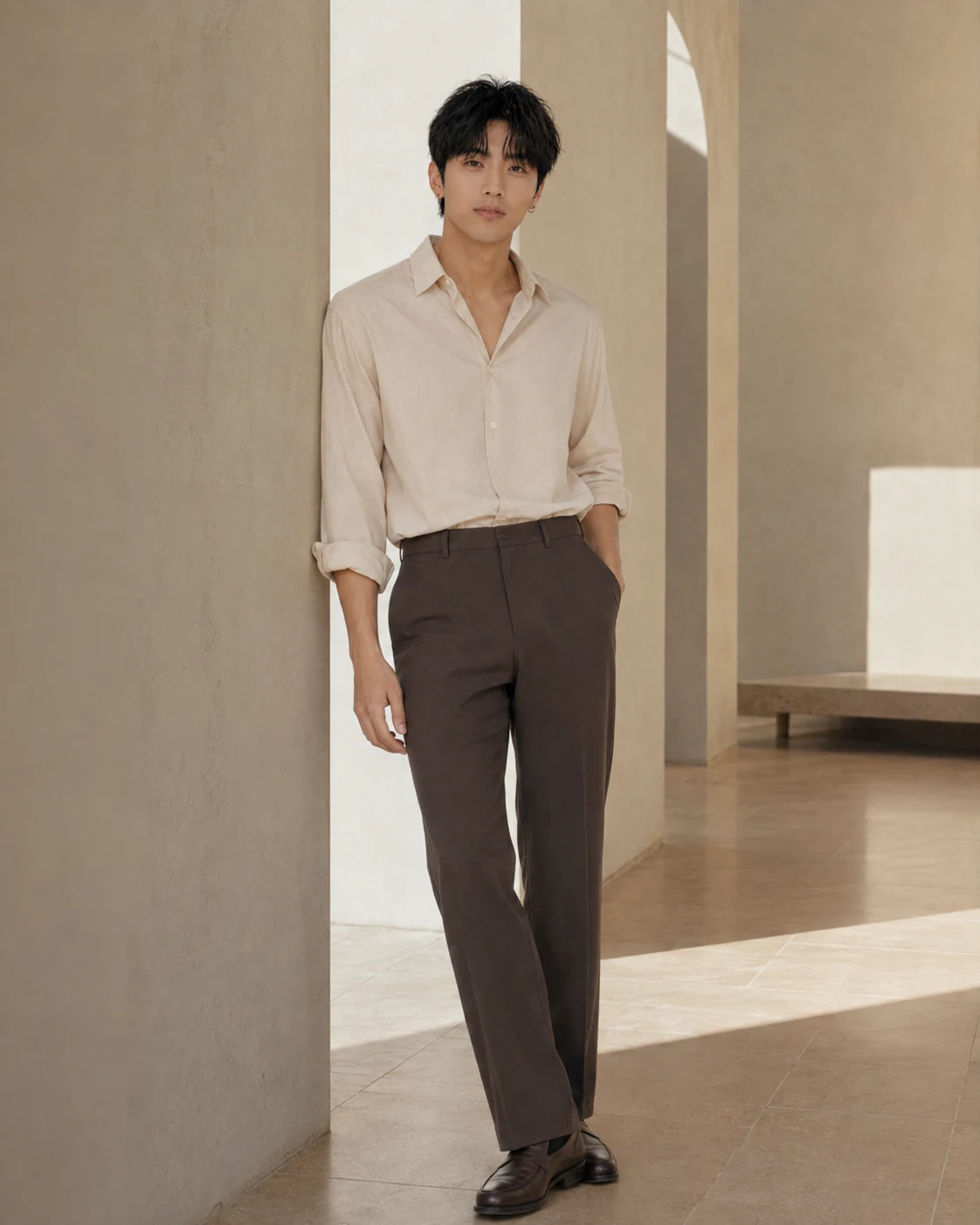 Lee Joon-Seok in a relaxed full-frame architectural portrait.