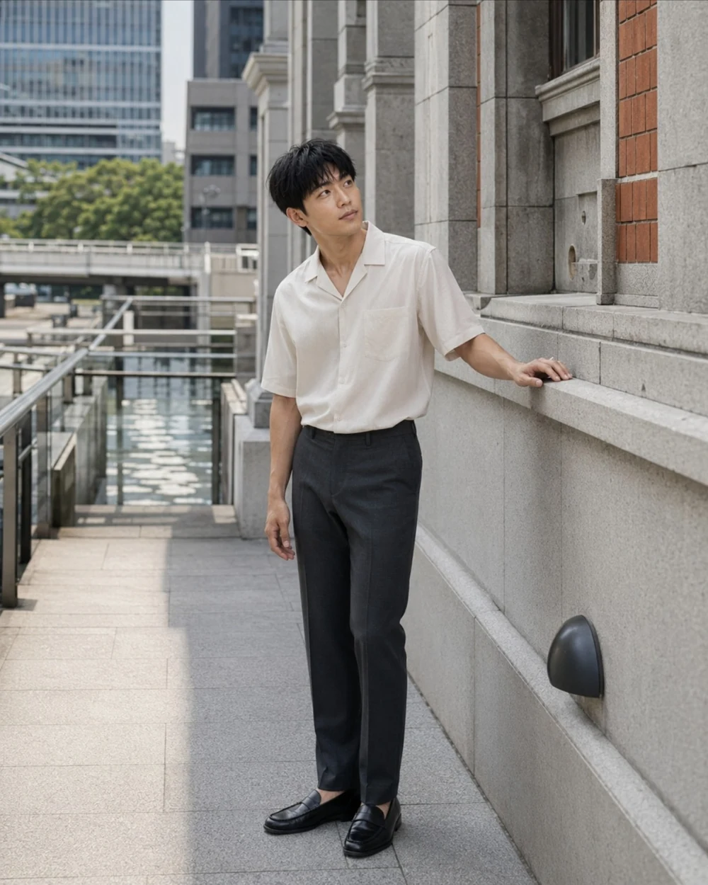 Park Tae-Jin in a light shirt during an observational city walk.