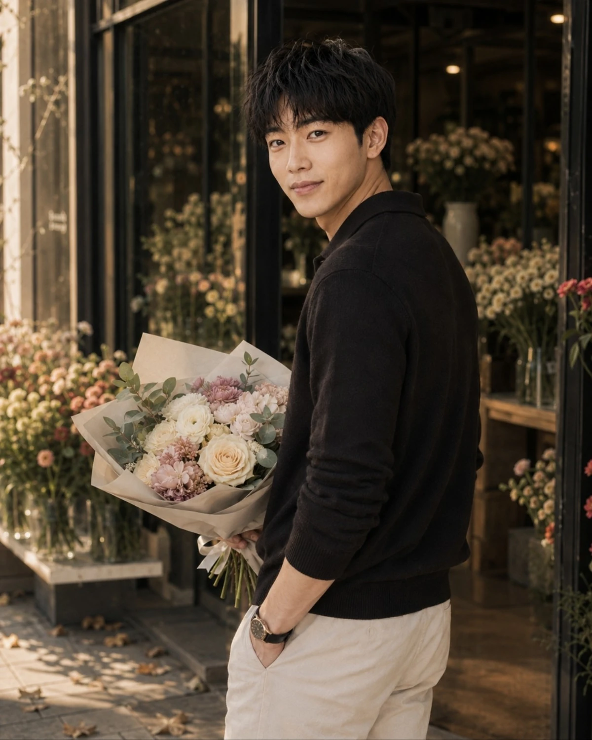 Park Tae-Jin holding a bouquet outside a flower shop.