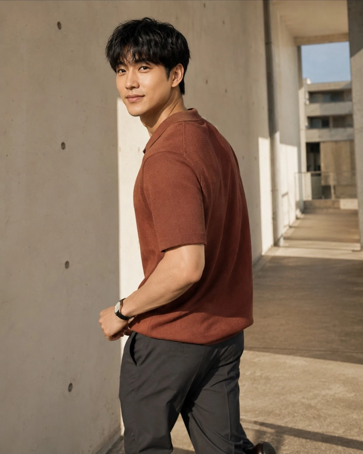 Park Tae-Jin in a rust-toned polo within a sunlit architectural walkway.