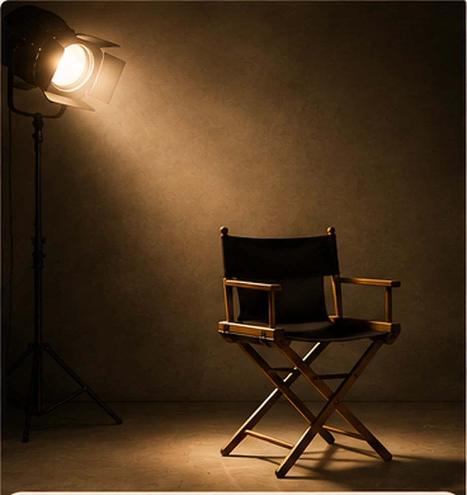 A director's chair and studio light in a cinematic production setting.