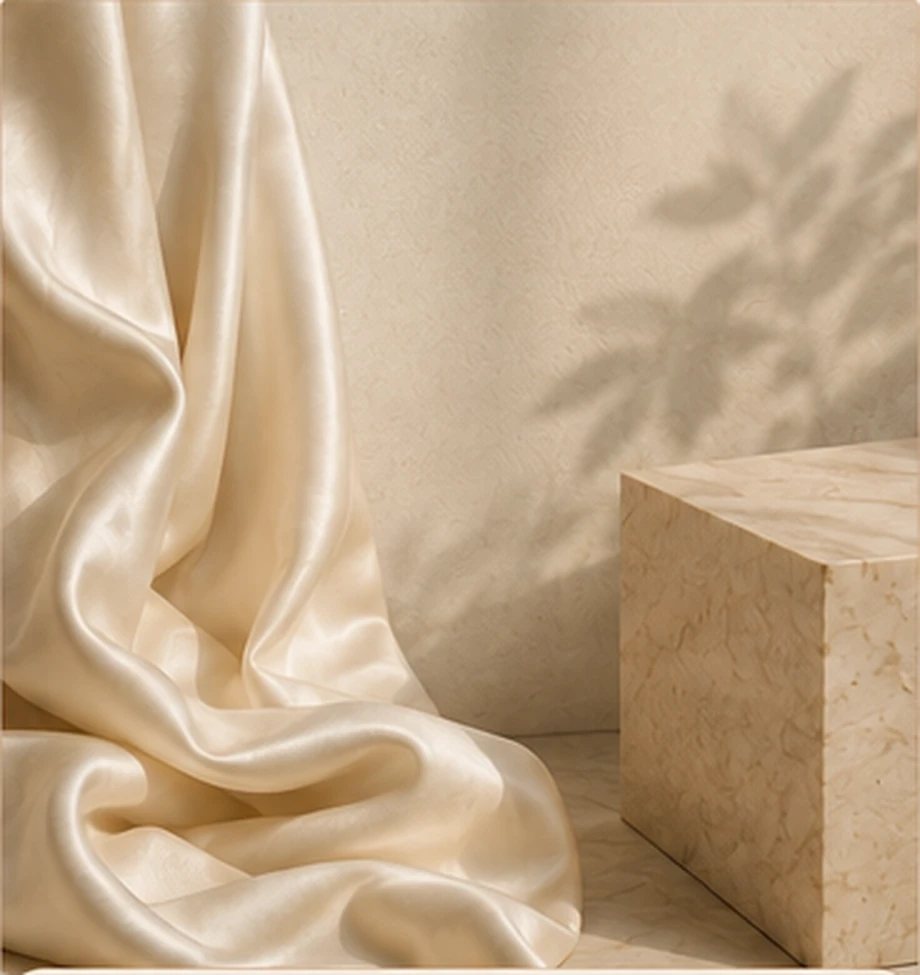 Pearl ivory fabric draped beside a warm stone pedestal in soft editorial light.
