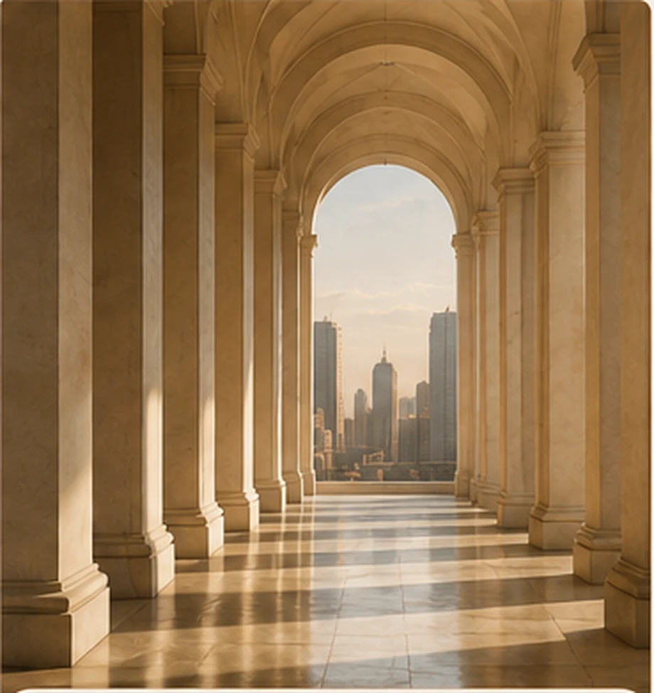 A luminous classical colonnade extending toward a distant city skyline.